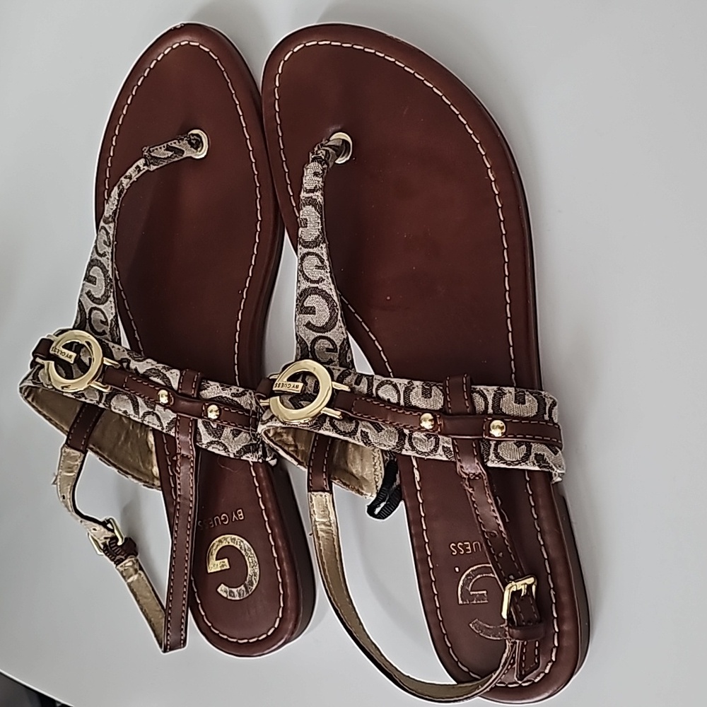 Guess Sandals leather, gold tone hardware  Size 9.5